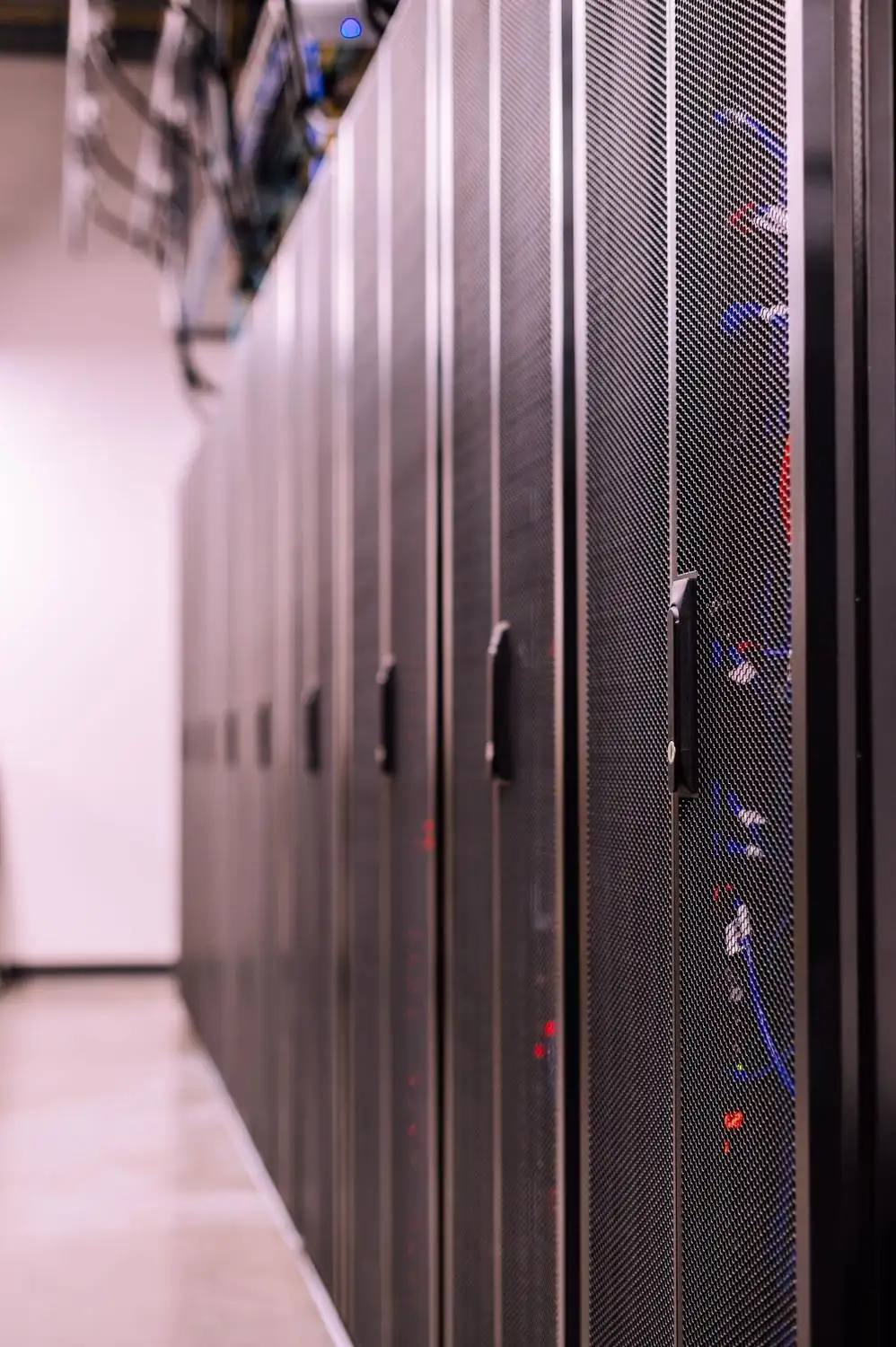 Rows of secure data center server racks