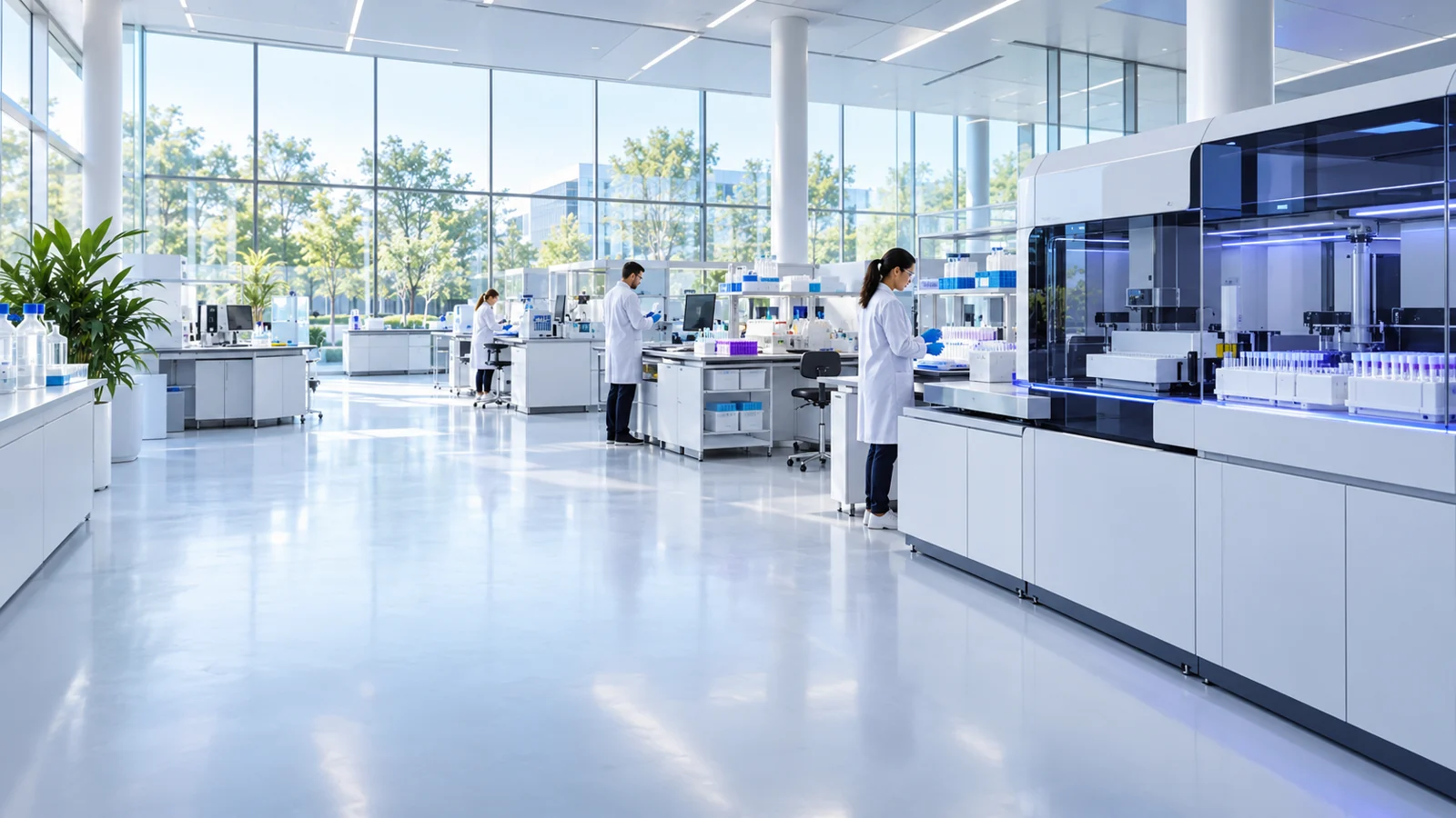 A bright modern laboratory with staff and reagent analysers